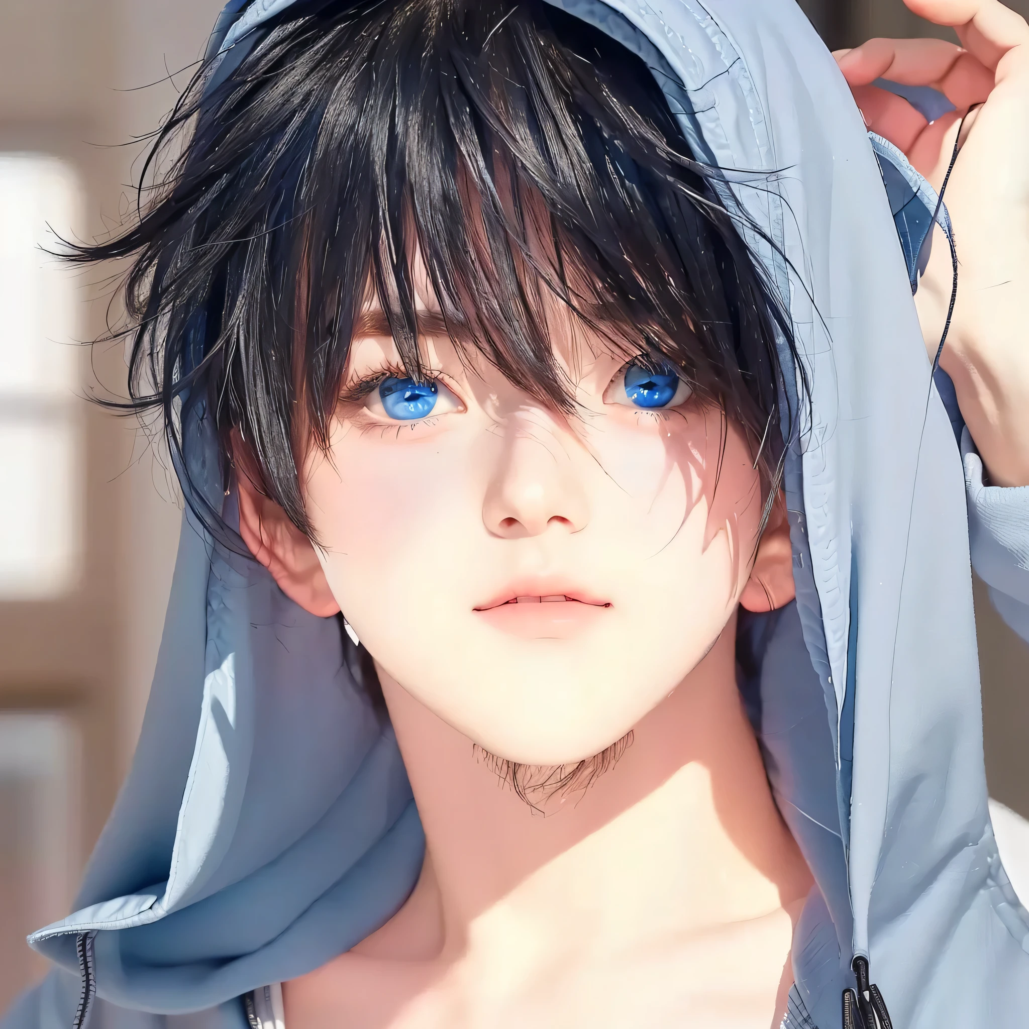 boy with blue eyes and a hoodie on,