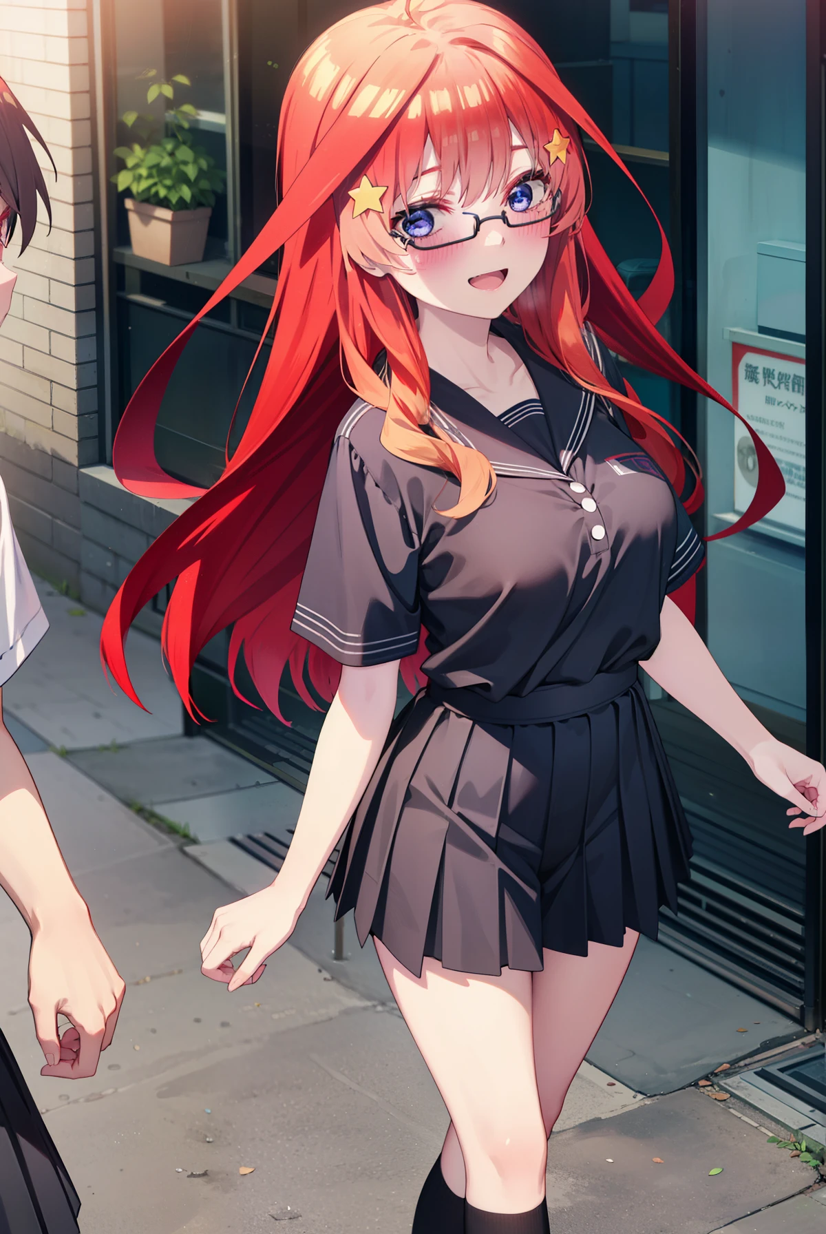 itsukinakano, Itsuki Nakano, bangs, blue eyes, Hair between the eyes, Ahoge, Redhead, star \(symbol\), hair ornaments, star 髪飾,blush,smile、happy smile, smile, Open your mouth,Akagi glasses,Big Breasts,Japan High School Girl(Black sailor suit),Short sleeve,black pleated skirt,Black knee-high socks,Brown loafers,Walking,morning,morning陽,The sun is rising,whole bodyがイラストに入るように,Walking上から見下ろす,
break outdoors, In town,Building district,
break looking at viewer, whole body,
break (masterpiece:1.2), highest quality, High resolution, unity 8k wallpaper, (figure:0.8), (Beautiful fine details:1.6), Highly detailed face, Perfect lighting, Highly detailed CG, (Perfect hands, Perfect Anatomy),