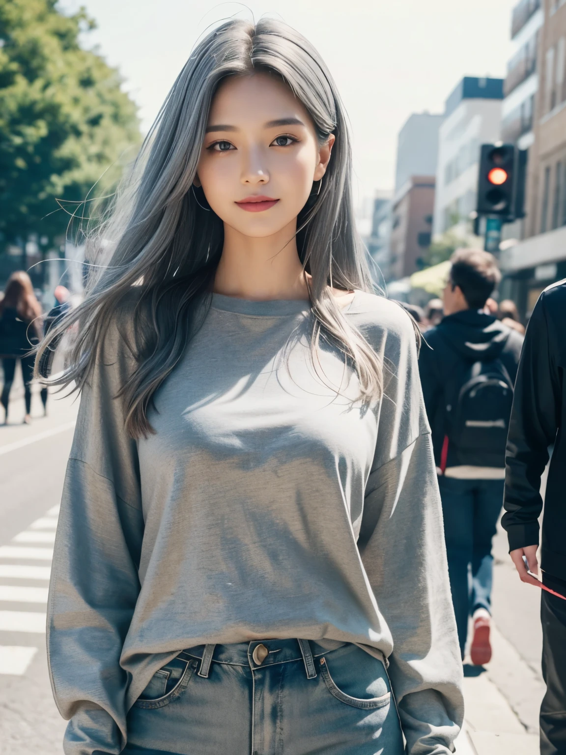 ((best quality, 8K, masterpiece :1.3)), Realism,1 Girl, good body shape, Long legs,Upper part of the body, (Long gray hair, Medium breasts:1.2), Random clothes, Super detailed face, Delicate eyes, Double eyelids,Smile,(Concert scene:1.3),Clothes color random,Sexy highlighted,Put on headphones and listen to music,cleveage,Facing the camera,A fan of someone,