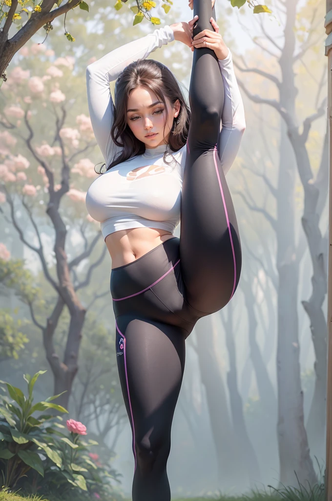 mujer encantadora, standing split yoga pants, en un jardin, en un jardin lleno de rosas, en un jardin lleno de flores, en un paisaje paradisiaco