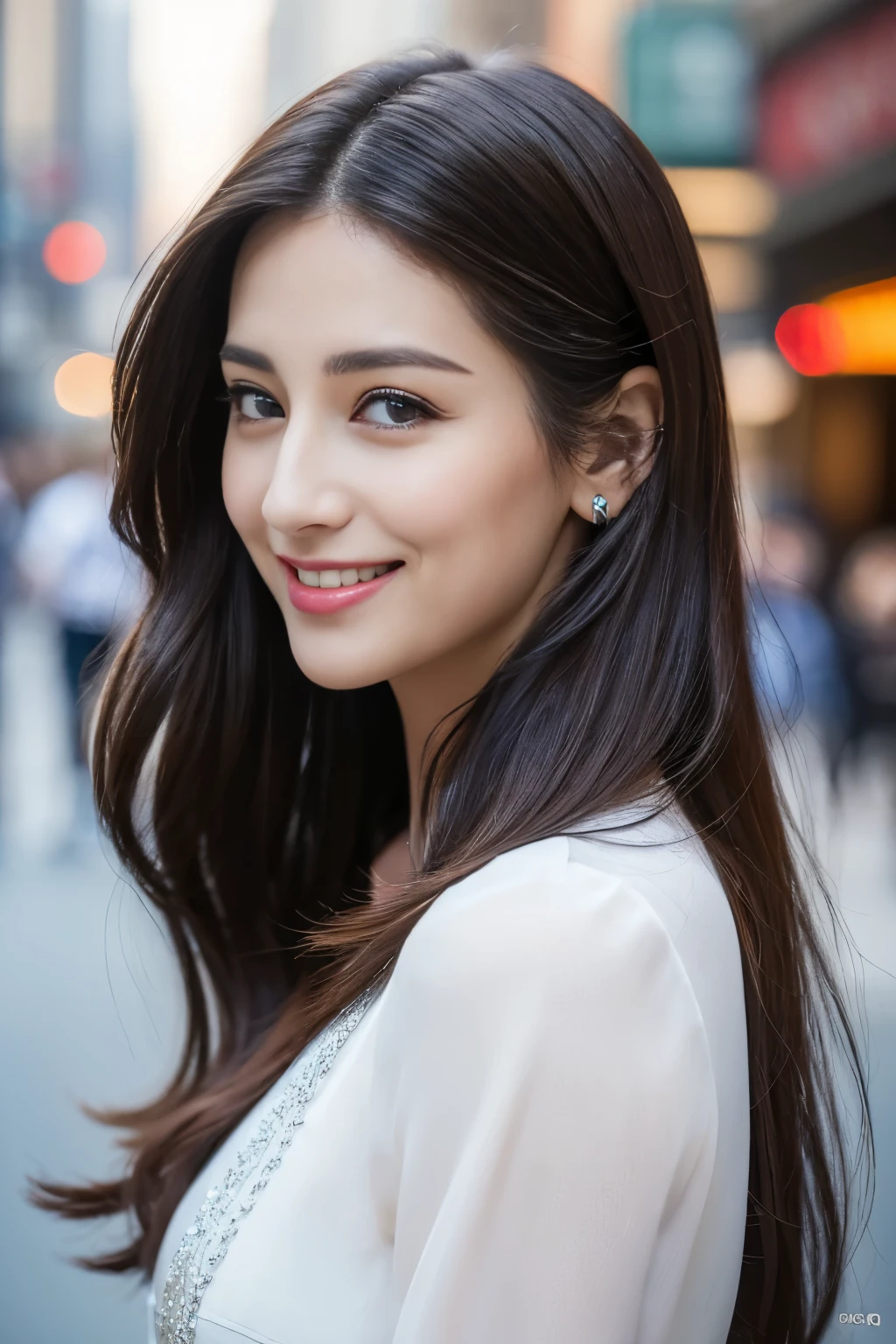 ((Top quality、8K、masterpiece:1.3))、1 Girl、a smile、Full Body Love、face slimming、Pretty Woman、(Dark brown hair)、Long Dress:1.1、Ultra-fine face、Delicate eyes、Double eyelids、Blurred Background、face slimming、New York Manhattan、take out、a street、