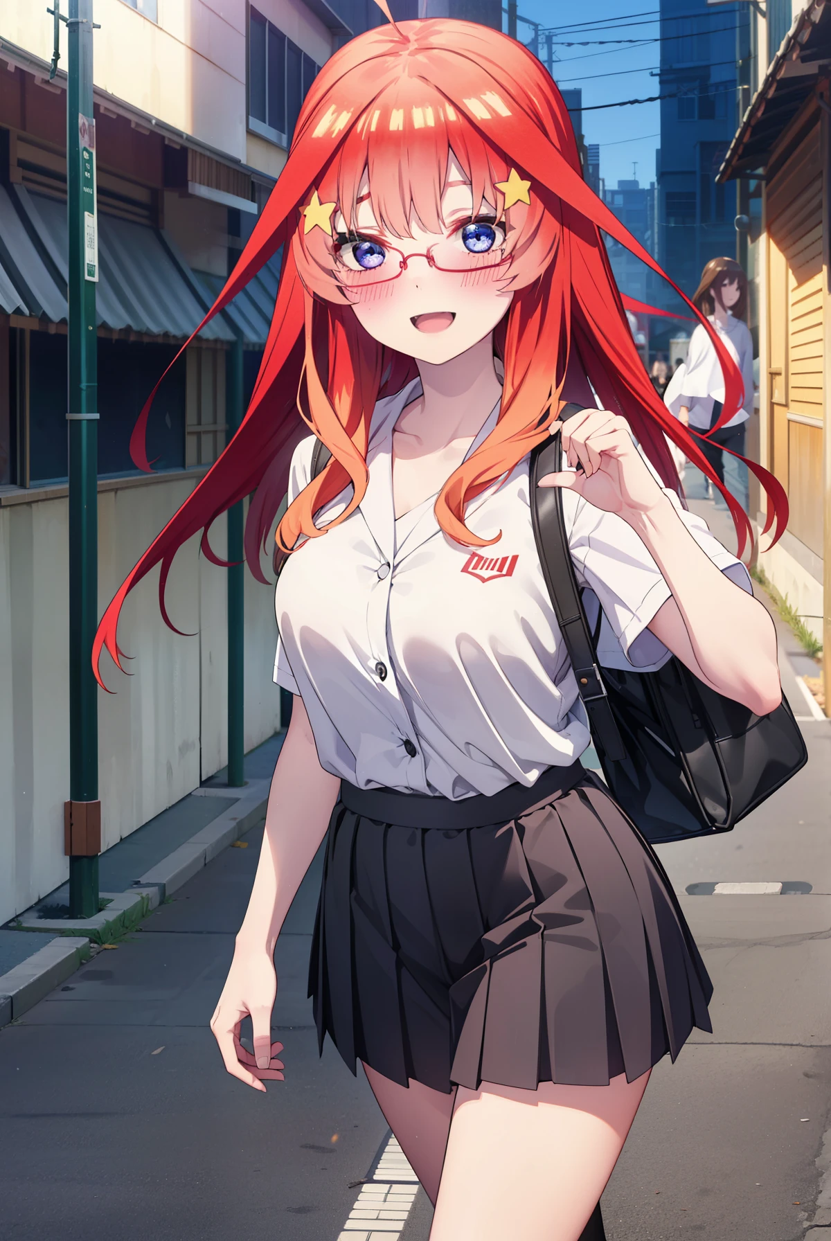 itsukinakano, Itsuki Nakano, bangs, blue eyes, Hair between the eyes, Ahoge, Redhead, star \(symbol\), hair ornaments, star 髪飾,blush,smile、happy smile, smile, Open your mouth,Akagi glasses,Big Breasts,Japan High School Girl(Black sailor suit),Short sleeve,black pleated skirt,Black knee-high socks,Brown loafers,Walking,morning,morning陽,The sun is rising,whole bodyがイラストに入るように,Walking上から見下ろす,
break outdoors, In town,Building district,
break looking at viewer, whole body,
break (masterpiece:1.2), highest quality, High resolution, unity 8k wallpaper, (figure:0.8), (Beautiful fine details:1.6), Highly detailed face, Perfect lighting, Highly detailed CG, (Perfect hands, Perfect Anatomy),