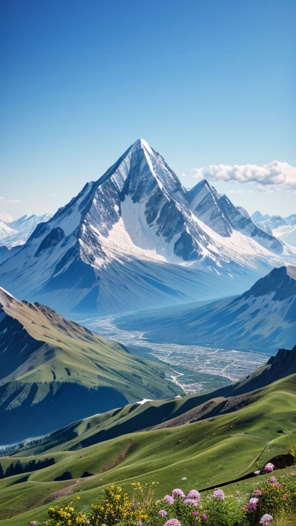 A realistic painting, a mountain photographed with a camera, mountains, mountain ranges, high mountains, summits, views from the top of the mountain, spectacular views, summer, daytime