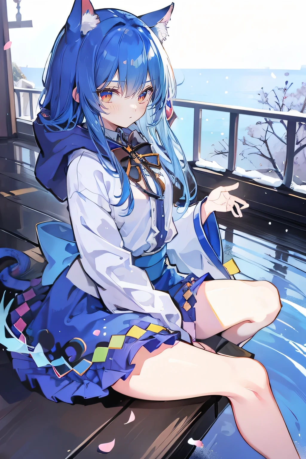 （masterpiece：1.2），Super detailed，lifelike，Expressive eyes，fair skin，perfect face shape，1 girl，
Japanese comics,Gorgeous blue hair,flowing blue hair,flowing clothes,Cat ears,Petals fall,beautiful lola,Baby Angel,
Cross your legs，Gentle and peaceful background，The pavilion is cool and comfortable, wearing hoodie, background of tokyo,back views,snowing, winter.