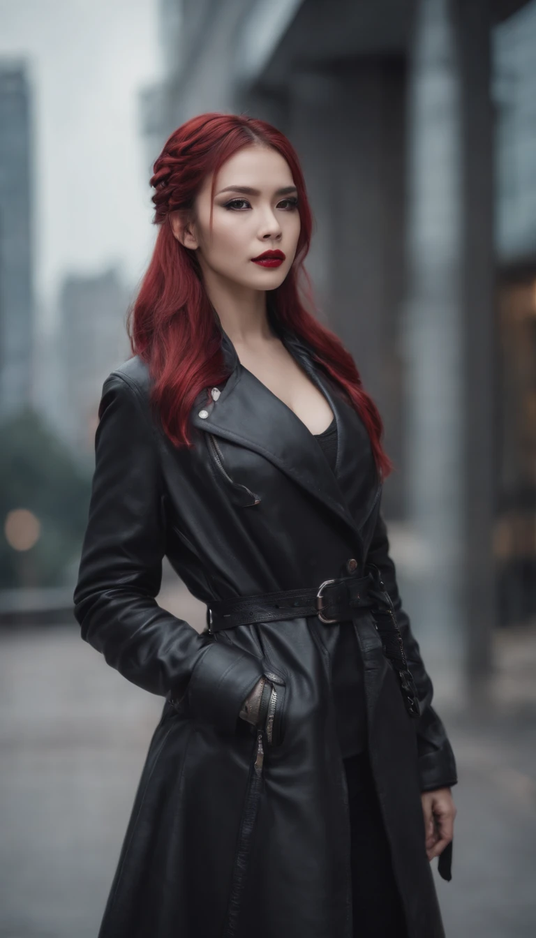 Fitness young female vampire Vietnamese, young cute vampire, cybernetic fangs, black red and white dyed hair, dual braided hair, leather trench coat only, Photorealistic, city background, Realistic, Dramatic, Dark, Sharp Focus, 8k, huge hips in evidence
