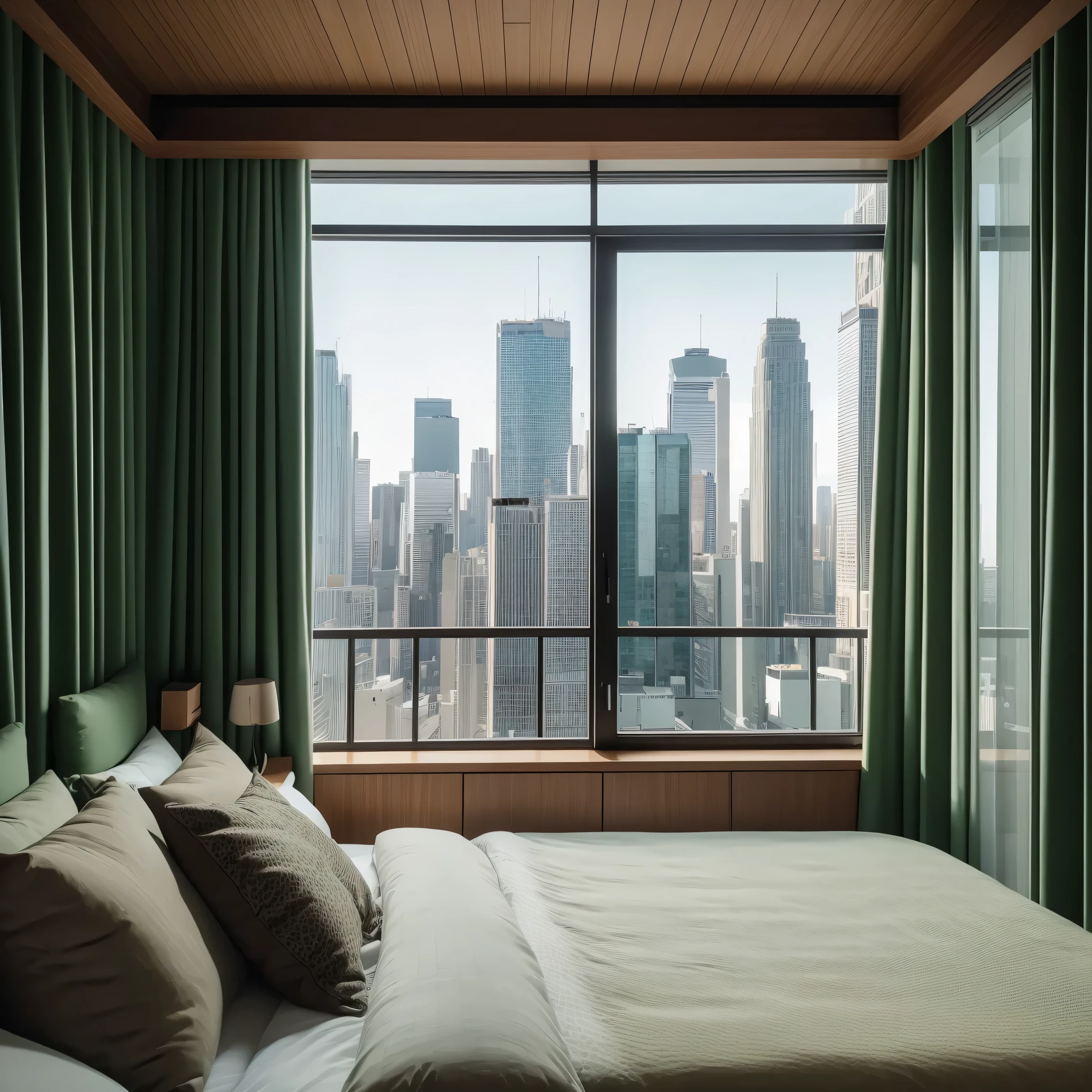 Wide angleショット、A broad perspective、Overlooking、Wide angle、wide、Whole room、bed、Green curtain、Bedroom、City、Tower apartment、interior、Stylish、Stand lamp、Asahi、Realistic、masterpiece、beautiful、8k、highest quality、Attention to detail、8k、Sharpness