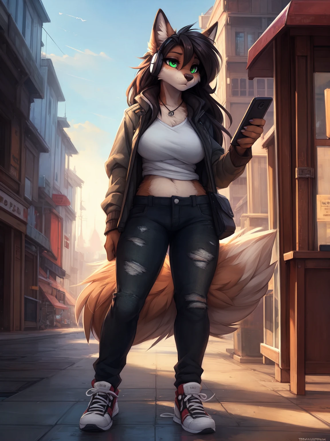 by kenket, Ross Tran, ruan jia, zaush, foxovh, by Zackary911, by hyattlen, by teranen, by fumiko, by Pixelsketcher, by Bayard Wu, by Thomas Benjamin Kennington, by Einshelm, by Kilinah, by Coffeesoda, by Hioshiru, by fluff-kevlar, bye r-mk, by Dimwitdog, Furry, Anthro, long hair, (long hair), cinematic lighting, ((fluffy tail)), bored, wide hips, eyeshadow, eyeliner, (green eyes), (long eyelashes), big breasts, headphones around neck, holding smartphone in one hand, (looking down at smartphone), texting, tomboy, (voluptuous), bus stop, outdoors, ripped jeans, (full body shot), sneakers,