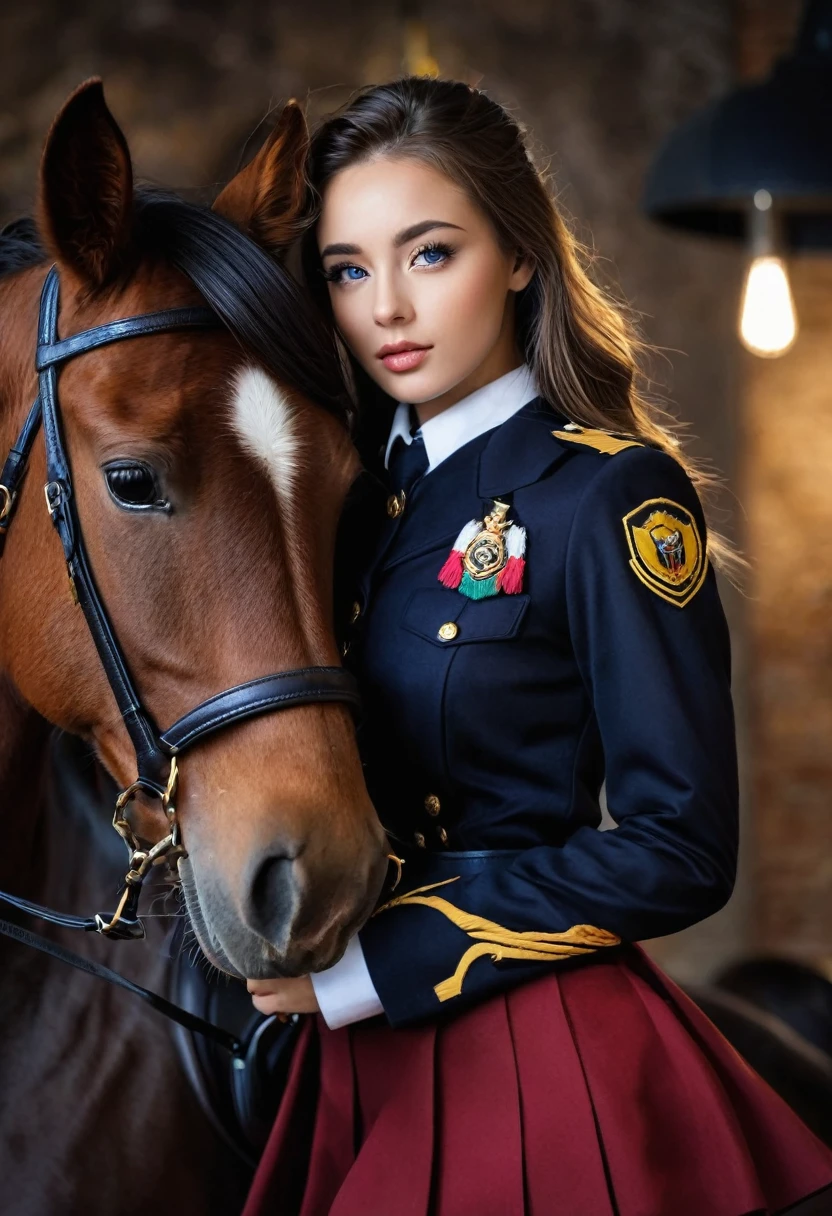8K, Best quality, 1 girl, (Hautverzahnung), Nacht, (dunkel), Klarer Hintergrund im Innenbereich, (Menschen), Beautiful pony, beautiful,, (Kleidung und Uniform:1.3),sanfte Beleuchtung, Attraktiv, dunkel Room, (Mund geschlossen:1.2, beautifule Augen, detaillierte Augen, detaillierte Iris, beautiful lips, Beautiful nose, pretty face),(Grundfarben:1.5)
