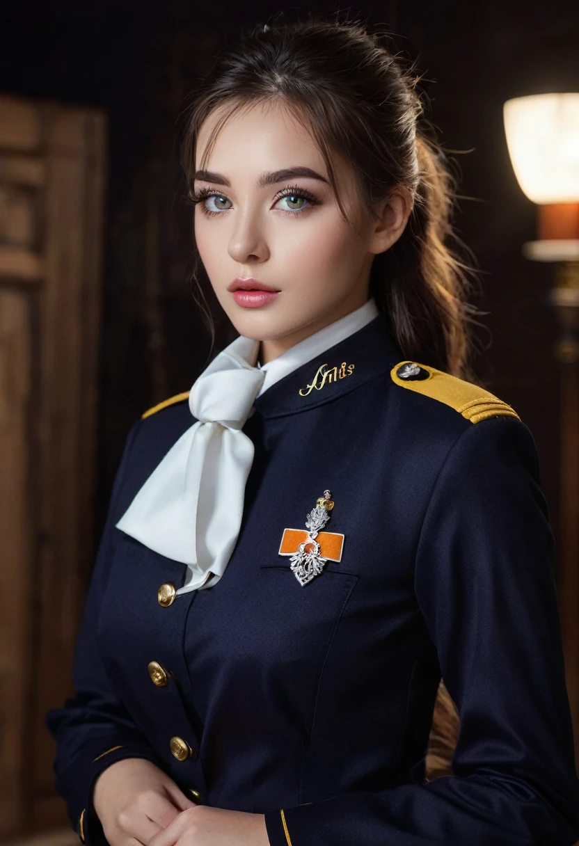 (best quality,4K,high resolution,masterpiece:1.2),Super detailed,actual,Physically based rendering,sergeant,portrait,painting,studio lighting,bright colors,sharp focus,blurred background,Serious expression,uniform,decorated soldier,Decorative hats,Medal of Honor,condescending,straight posture,sharp gaze,eye-catching background,impressive mustache,detailed facial features,proud behavior,official position,Confident attitude,standard rifle,flag in background,the moment captured