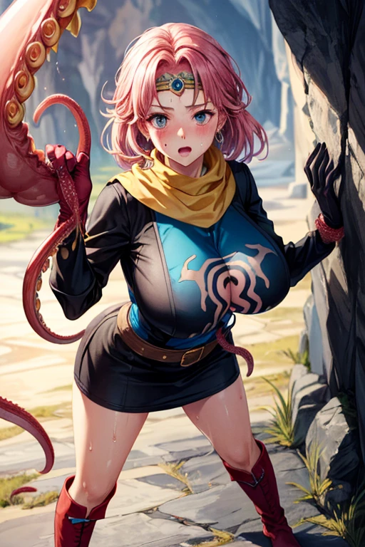 Browsing Caution, (Best image quality,highest quality,Highest Resolution, Ultra-Realistic Images,Very detailed,masterpiece),One Woman,(((Sticky with sweat))),((Her clothes are torn、The chest is exposed)),Big Breasts,((Huge areola)),(((Tentacles))),(((Tentaclesで拘束されている))),blush,Pink medium hair,Blue scarf,Circlet,Short dress,Pink Tabard,Black sleeves,belt,gloves,boots,Dynamic pose,cave,Browsing Caution,