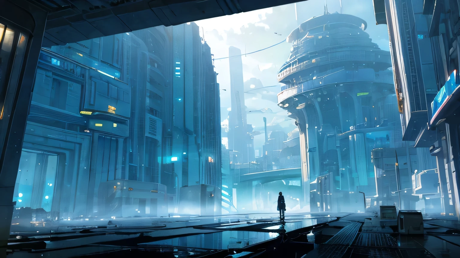 Abandoned city, science-fiction, aube, personne, moderne, En plein air, a Nuit, lac, lignes, nuage, fine details, machine, Nuit, sombre, paradis, urbain, cyber