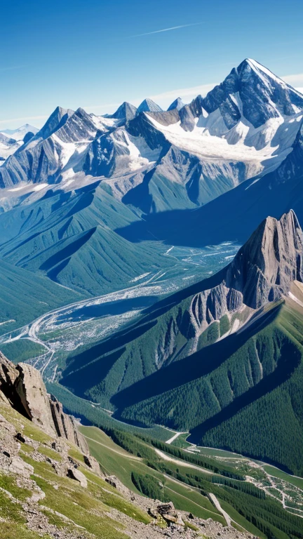 A realistic painting, a mountain photographed with a camera, mountains, mountain ranges, high mountains, summits, views from the top of the mountain, spectacular views, summer, daytime