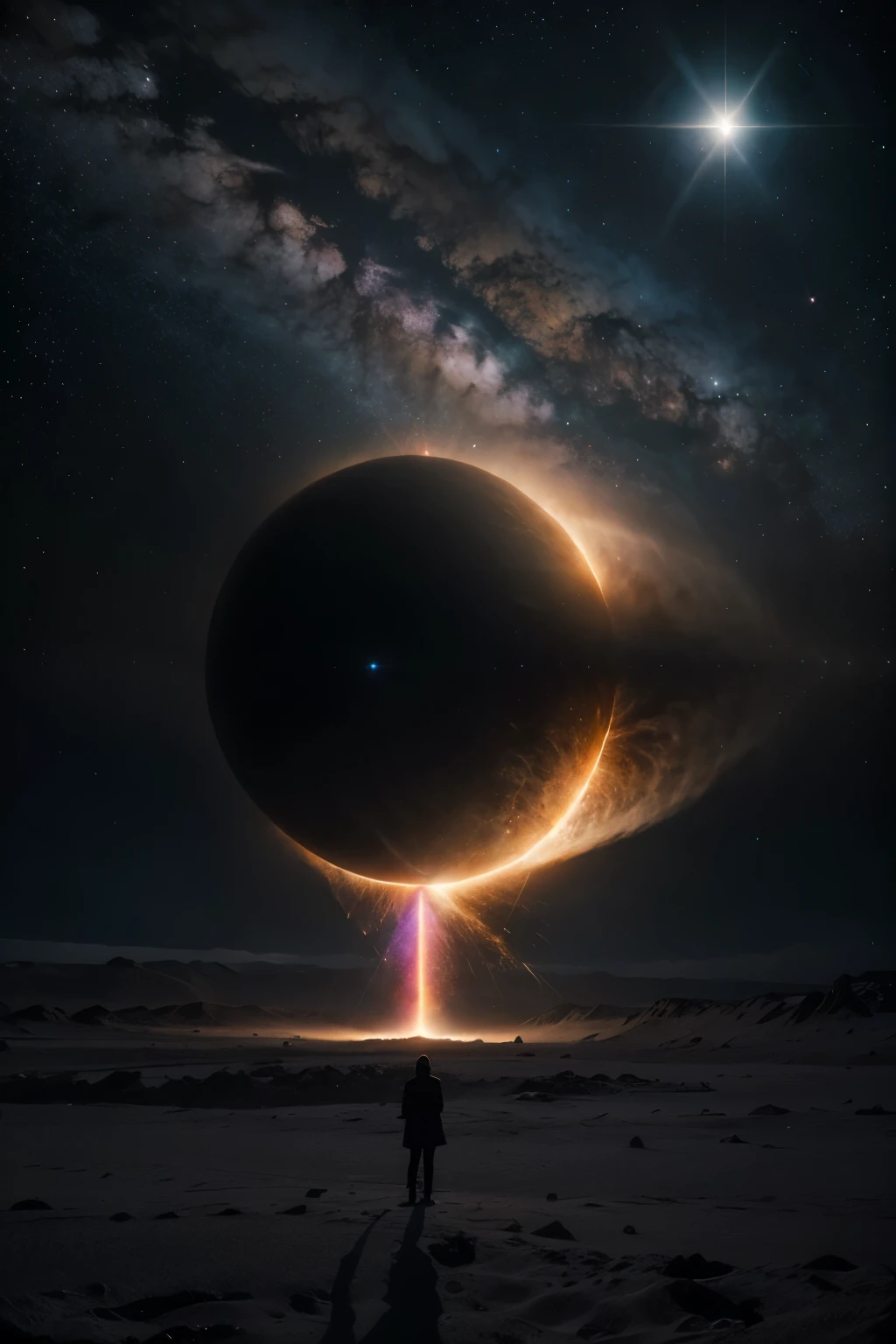 Dos figuras humanas de espaldas se encuentran en una esquina de la imagen. A su alrededor, colores vibrantes y estrellas crean un paisaje surrealista. En el fondo, a black hole emanating flashes of light and cosmic energy.