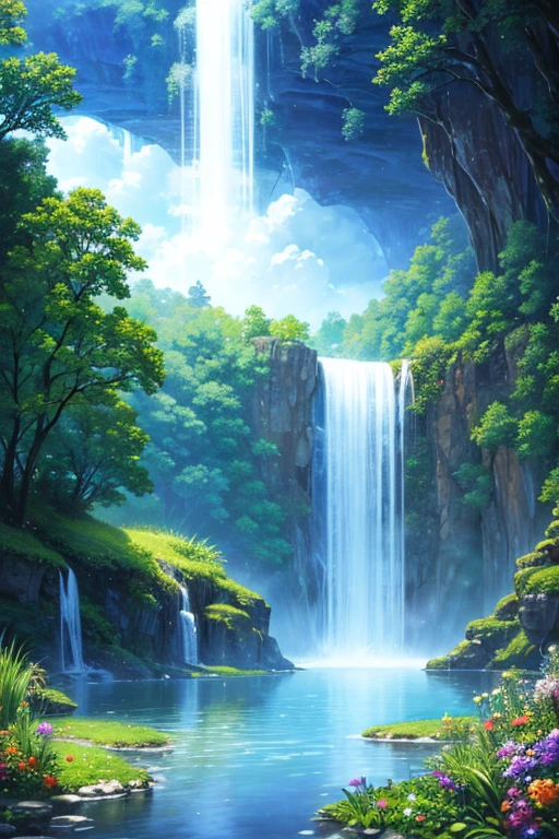 baptism,Baptism,Garden of Eden,Colorful,Dreamy landscape, cloud, light piercing through the cloud, Reflection on the surface of the water, Gentle waterfall,flower々,Quiet atmosphere, Richness in details, Surreal beauty, Magical Aura, Fantasy Landscape, High quality digital art, Vibrant colors, Fantastic lighting, Enchanting atmosphere, Artistic Expression, Otherworldly feeling, Beautiful brushwork, Magnificent View, Peaceful tranquility, Immersive Experience, Breathtaking views, Picturesque views, Mysterious charm, Mysterious atmosphere, Nuances, A magical dream.There are no people,Nobody is here