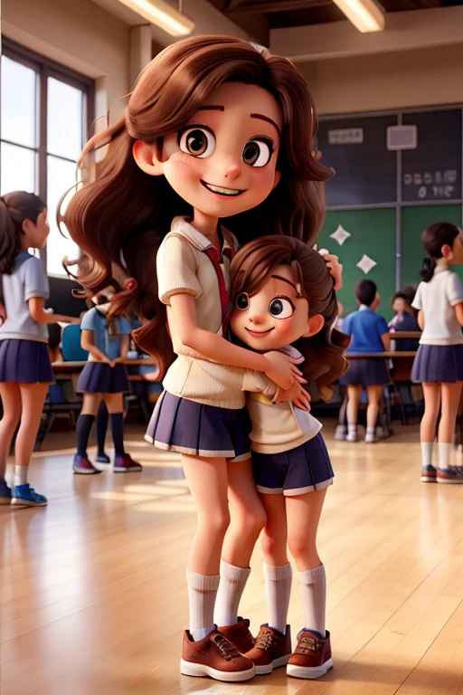 A young Caucasian girl with long, wavy brown hair, standing on her feet in her  school gym, hugging her bestfriend same age, various students next to her, a proud smile on her face. Cute face. Cute expressions