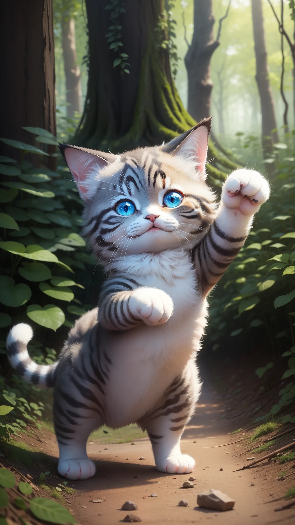 a cute little cat naturey in woods Raise one arm, close your eyes, and lick your hand Deities々right Your eyes are blue. fluffly