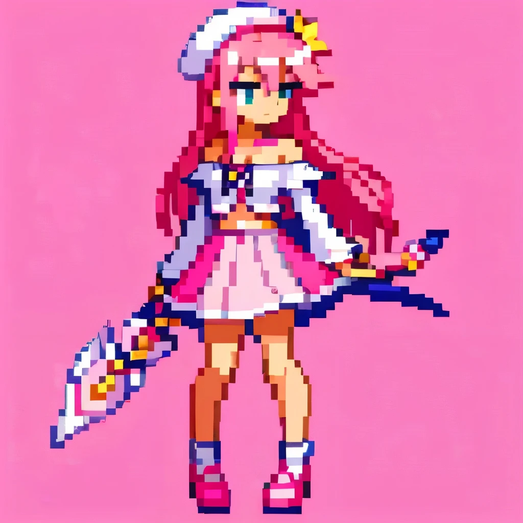 Pixel art, full body, facing left (important), pink and white, holding a spear, magical girl, beret, long hair, loose, showing shoulders. Hair color: Soft, pale pink hair. Eye color: green eyes. Clothes: Clothes based on white and pink. She wears a white, short-sleeved, off-the-shoulder top with a pink collar and buttons that reveal her collarbone, and a skirt shaped like downward-pointing lotus petals. Also, the reason why the skirt is jagged is because it resembles flower petals. Accessories: A pink flower decoration is attached to the right hair. Weapon in hand: A long spear with pink and white decorations.
