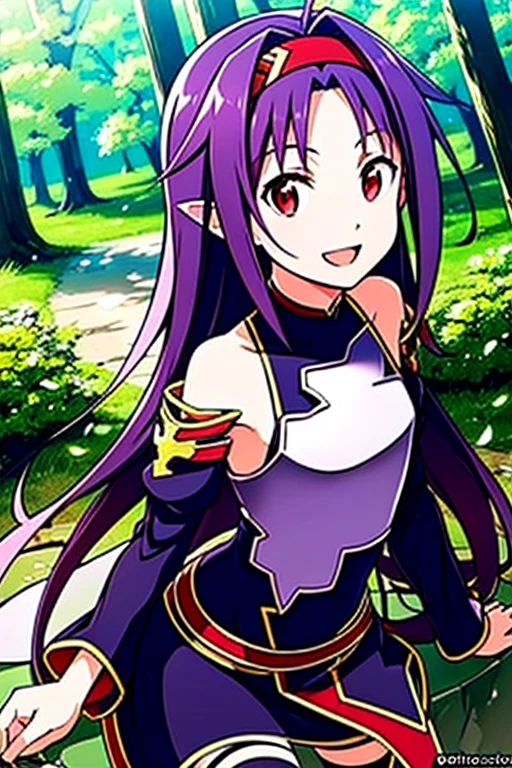 yuukikonno, Konno Yuuki, hair band, Long Hair, Are standing, Pointed Ears, Purple Hair, (Red eyes:1.5), (Small breasts:1.2), Open your mouth, black Knee socks, Removable sleeves, Knee socks, dress, purple dress, armor, purple armor, looking at viewer,  outdoors, forest, nature,  (masterpiece:1.2), highest quality, High resolution, unity 8k wallpaper, (figure:0.8), (Beautiful fine details:1.6), Highly detailed face, Perfect lighting, Highly detailed CG, (Perfect hands, Perfect Anatomy),smile