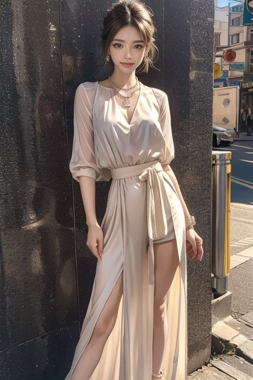 highest quality, Very detailed, masterpiece, 1 person,woman,(((完璧なwomanの体))),Very beautiful face, Very beautiful body,Gentle expression, Very beautiful eyes,(Perfect Makeup:1.1),Fashion Model,short hair,Shaggy Hair,Hair Bun,Chestnut Hair:1.3, very thin body,Smart Abs,Striped blouse,Cotton Long Skirt,necklace,anklet,Elegant pumps,A kind smile,Full body portrait,(Street background:1.3), (Shiny skin),(Earrings),Elegant scarves,See-through long shawl,