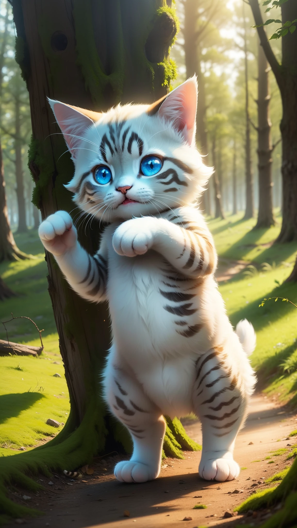 a cute little cat naturey in woods Raise one arm, close your eyes, and lick your hand Deities々right Your eyes are blue. fluffly