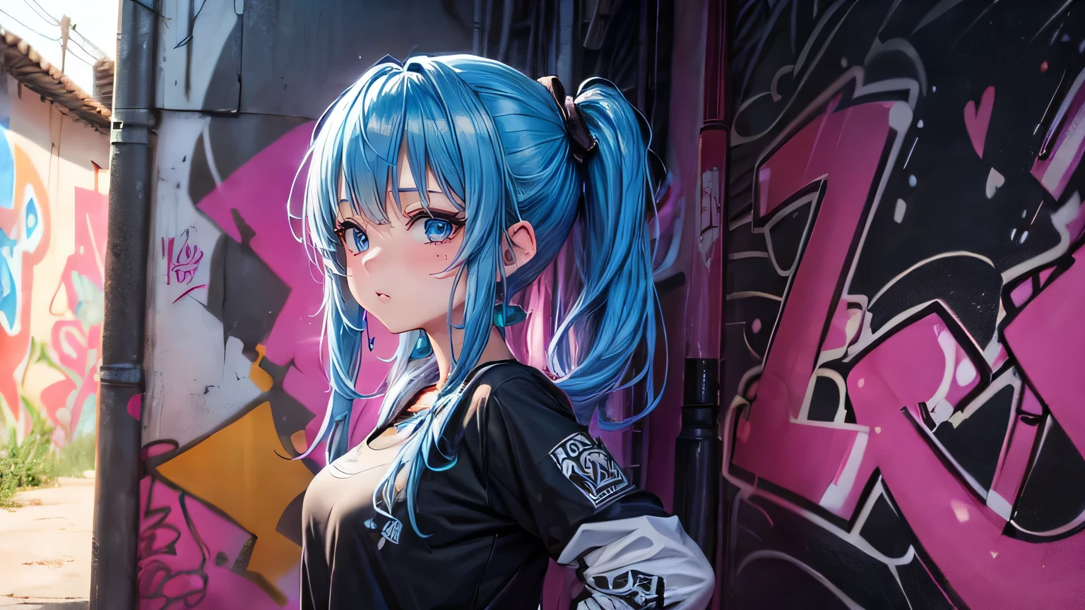 A girl in the back alley、(Super detailed)、(8k)、((Hip Hop Fashion))、(Graffiti wall)、(Esbian all over)、(Super detailedな顔)、(Cool face)、
