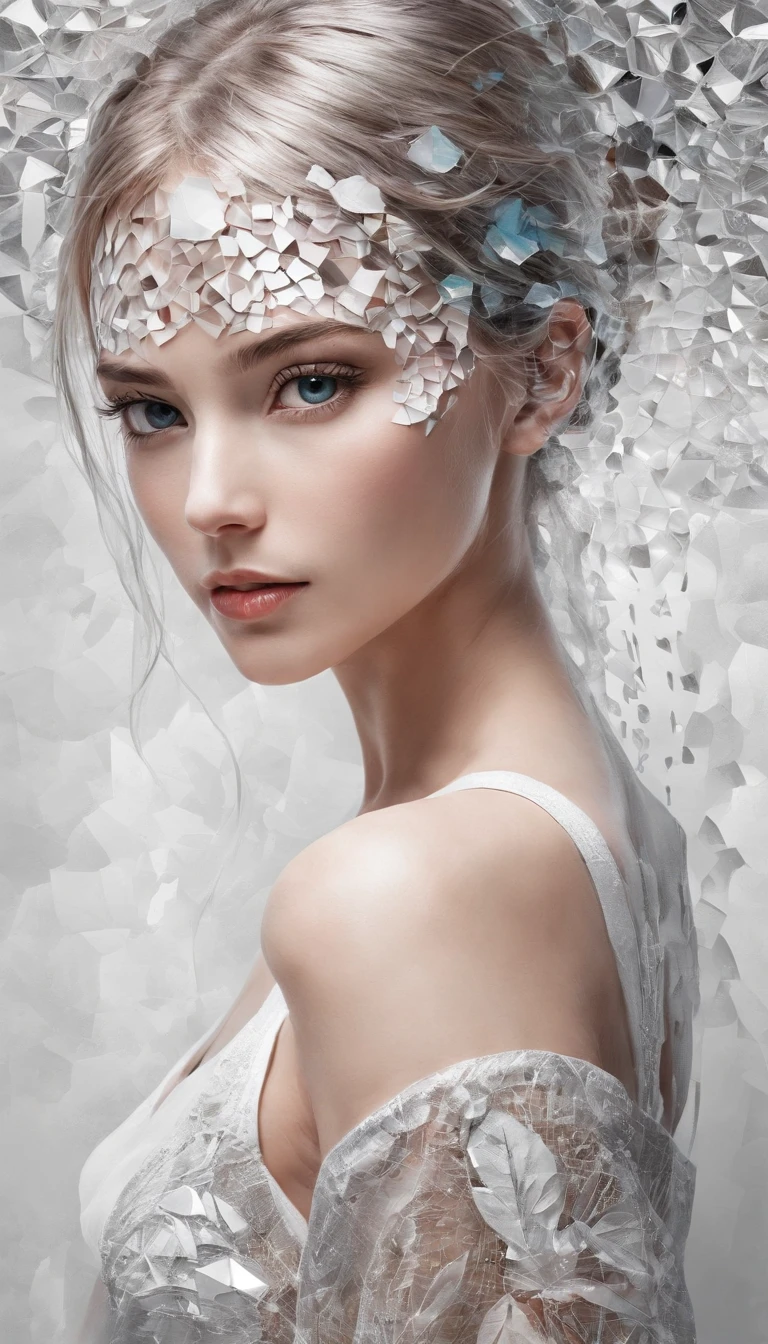 A captivating and innovative art piece that showcases a stunning portrait of a woman in hexagonal mosaic 3D form. The black and whiteportrait exudes elegance, with the woman's eyes as the focal point, drawing the viewer in. Surrounding the portrait, an old analog glitch canvas adds a vintage touch, with matrix digital rain effects intertwining beautifully with palette knife digital painting techniques. The composition is visually striking and unique, offering a fresh perspective on traditional and digital art.  photo 8K