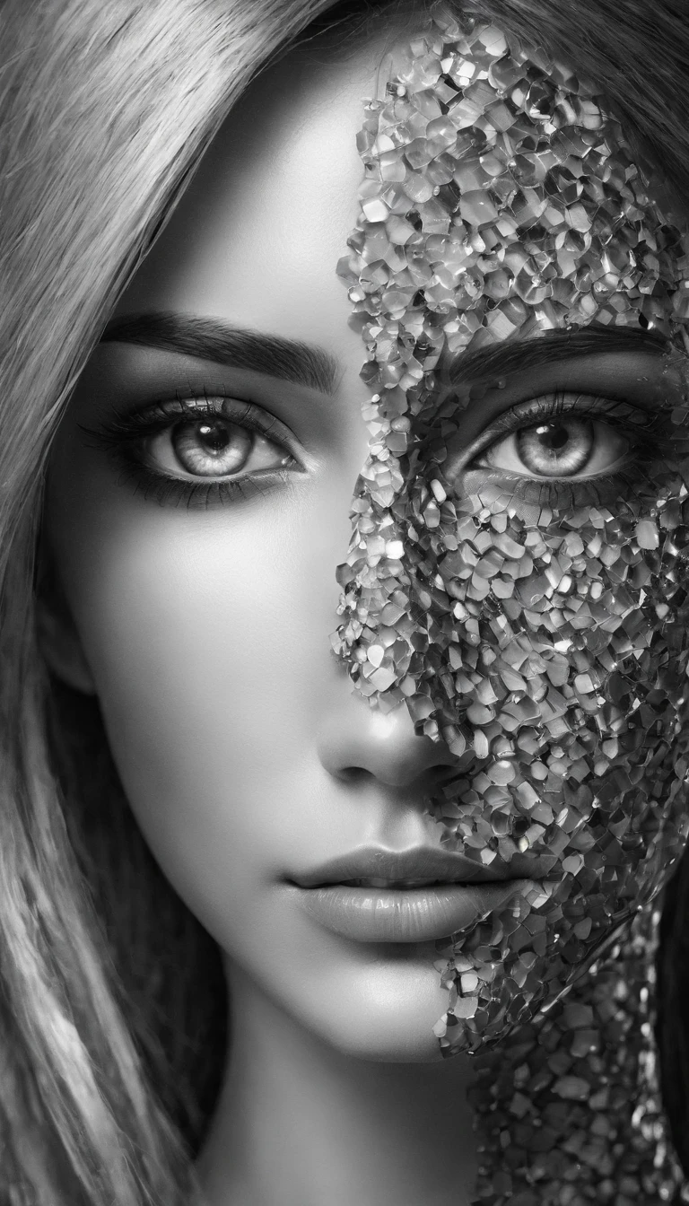 A captivating and innovative art piece that showcases a stunning portrait of a woman in hexagonal mosaic 3D form. The black and whiteportrait exudes elegance, with the woman's eyes as the focal point, drawing the viewer in. Surrounding the portrait, an old analog glitch canvas adds a vintage touch, with matrix digital rain effects intertwining beautifully with palette knife digital painting techniques. The composition is visually striking and unique, offering a fresh perspective on traditional and digital art.  photo 8K