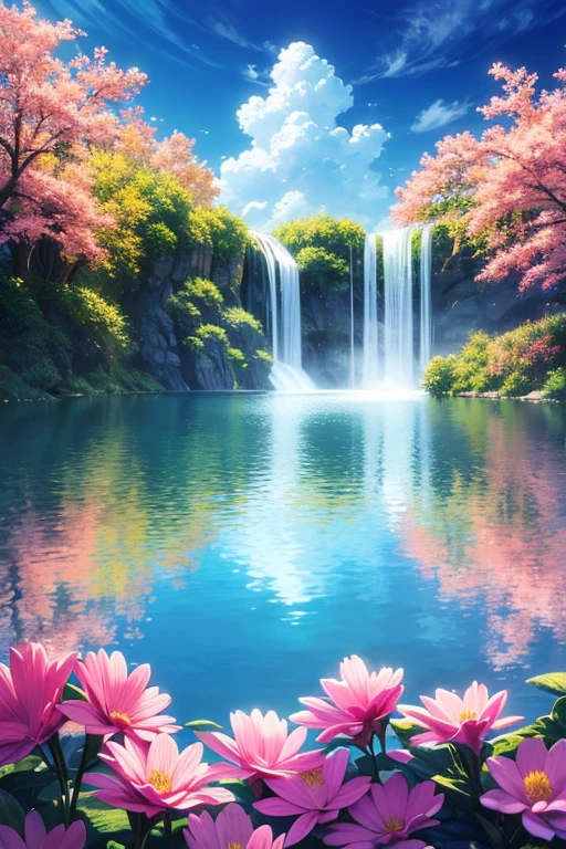 baptism,Baptism,Garden of Eden,Colorful,Dreamy landscape, cloud, light piercing through the cloud, Reflection on the surface of the water, Gentle waterfall,flower々, flower,Quiet atmosphere, Richness in details, Surreal beauty, Magical Aura, Fantasy Landscape, High quality digital art, Vibrant colors, Fantastic lighting, Enchanting atmosphere, Artistic Expression, Otherworldly feeling, Beautiful brushwork, Magnificent View, Peaceful tranquility, Immersive Experience, Breathtaking views, Picturesque views, Mysterious charm, Mysterious atmosphere, Nuances, A magical dream. There are no people, Nobody is here