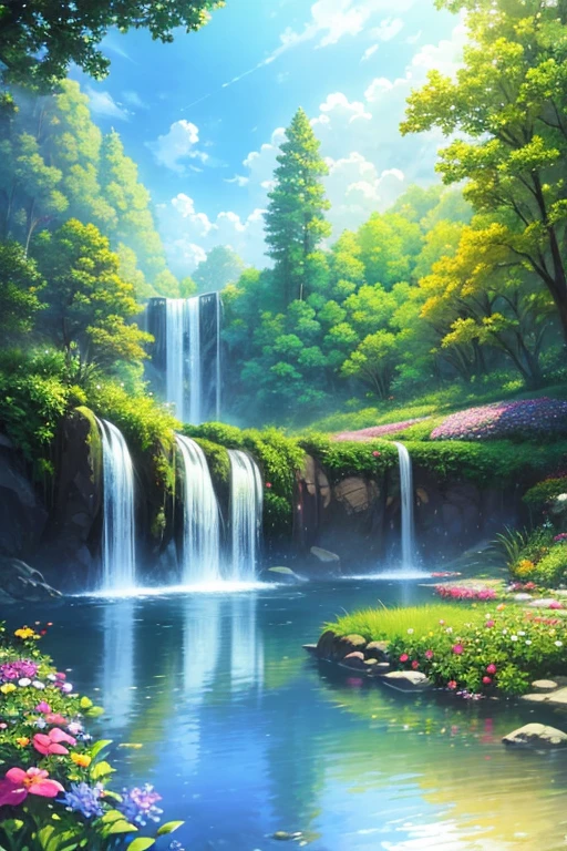 baptism,Baptism,Garden of Eden,Colorful,Dreamy landscape, cloud, light piercing through the cloud, Reflection on the surface of the water, Gentle waterfall,flower々, flower ,Quiet atmosphere, Richness in details, Surreal beauty, Magical Aura, Fantasy Landscape, High quality digital art, Vibrant colors, Fantastic lighting, Enchanting atmosphere, Artistic Expression, Otherworldly feeling, Beautiful brushwork, Magnificent View, Peaceful tranquility, Immersive Experience, Breathtaking views, Picturesque views, Mysterious charm, Mysterious atmosphere, Nuances, A magical dream. There are no people, Nobody is here