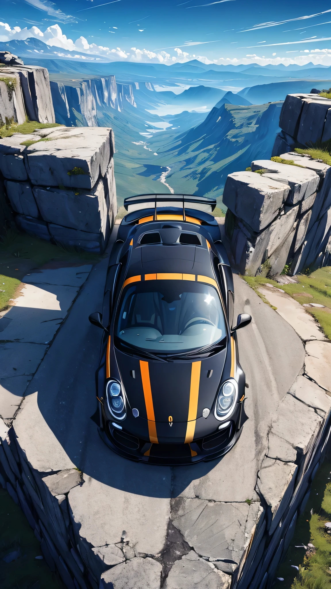 official art, unified 8k wallpaper, super detailed,  masterpiece, Best image quality，super wide angle，day , black porche gt3 rs ，Standing on edge of the mountain, beautiful blue sky, Dynamic angle, grace, bright colors,