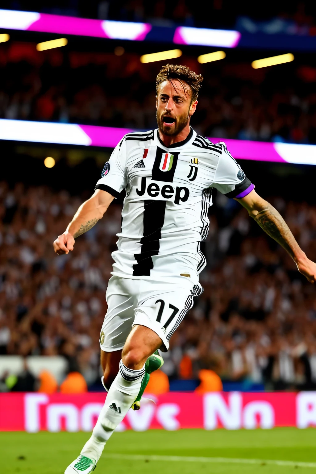 Stunning hyper-realistic image of Juventus midfielder Marchisio scoring the thrilling winning goal against Real Madrid in the Champions League. The dynamic pose captures the high-definition animation of the iconic moment, reminiscent of a movie scene. Marchisio's intense concentration, a split second before the triumph, is captured with remarkable detail. His jersey is drenched in sweat, adding to the realistic touch.
The backdrop is a breathtaking blend of a sold-out stadium, filled with an electric atmosphere, and the vibrant lights of the Champions League arena. A single beam of light from the spotlight above highlights Marchisio, casting dramatic shadows and creating a mes