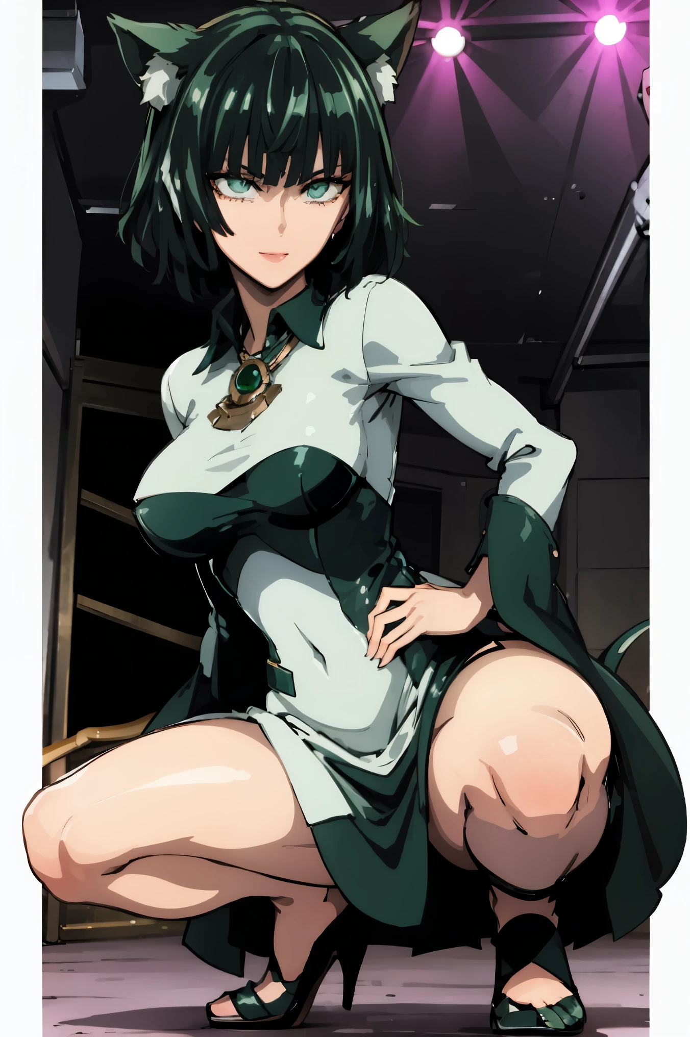 green eyes, (green color hair:1.2),By bang,short hair,
BREAK (transparent tulle wedding dress with long sleeve and long tail:1.2),
BREAK squatting, spread legs, seductive smile, on stage, flashing lights, hands on hips,
BREAK (masterpiece:1.2), best quality, high resolution, unity 8k wallpaper,NSFW ,(illustration:0.8), (beautiful detailed eyes:1.6), extremely detailed face, perfect lighting, extremely detailed CG, (perfect hands, perfect anatomy),