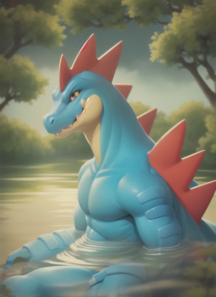 feraligatr, scalie male anthro, reptile boy, portrait, tranquil, solo, scales, (best quality), (marshland pond background:1.2), day, detailed, looking at viewer, sharp teeth, partially submerged, 