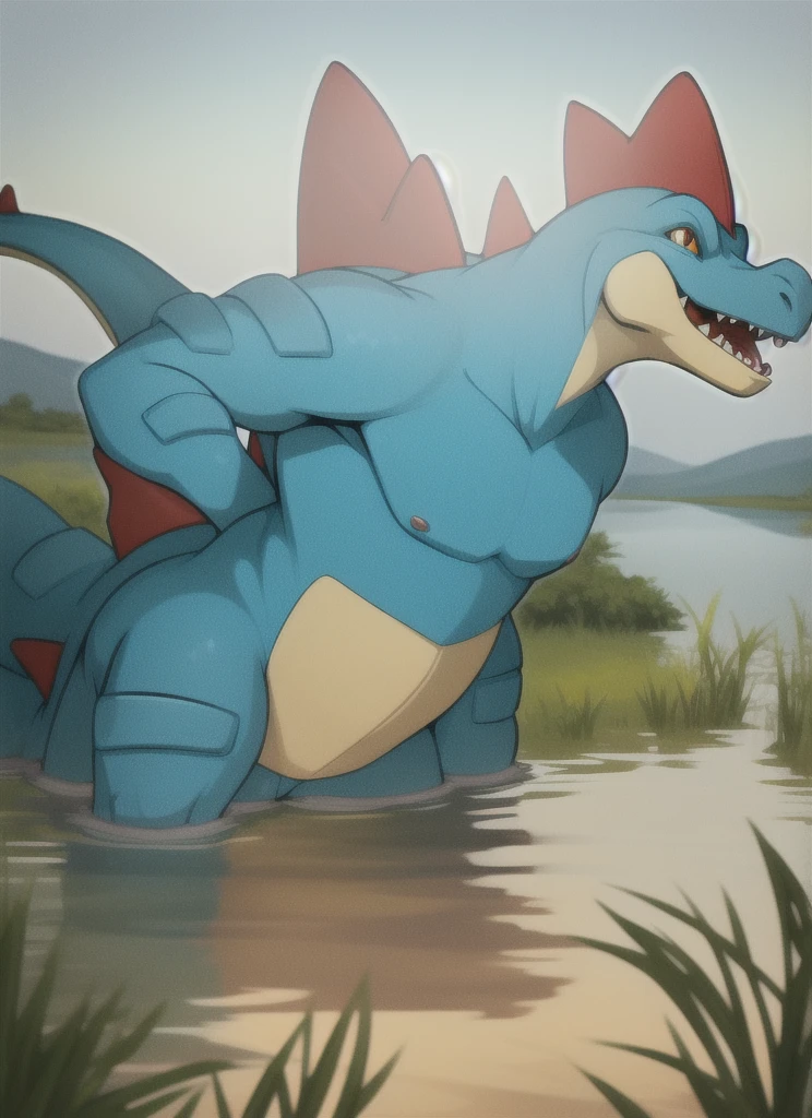 feraligatr, scalie male anthro, reptile boy, portrait, tranquil, solo, scales, (best quality), (marshland pond background:1.2), day, detailed, looking at viewer, sharp teeth, partially submerged, 