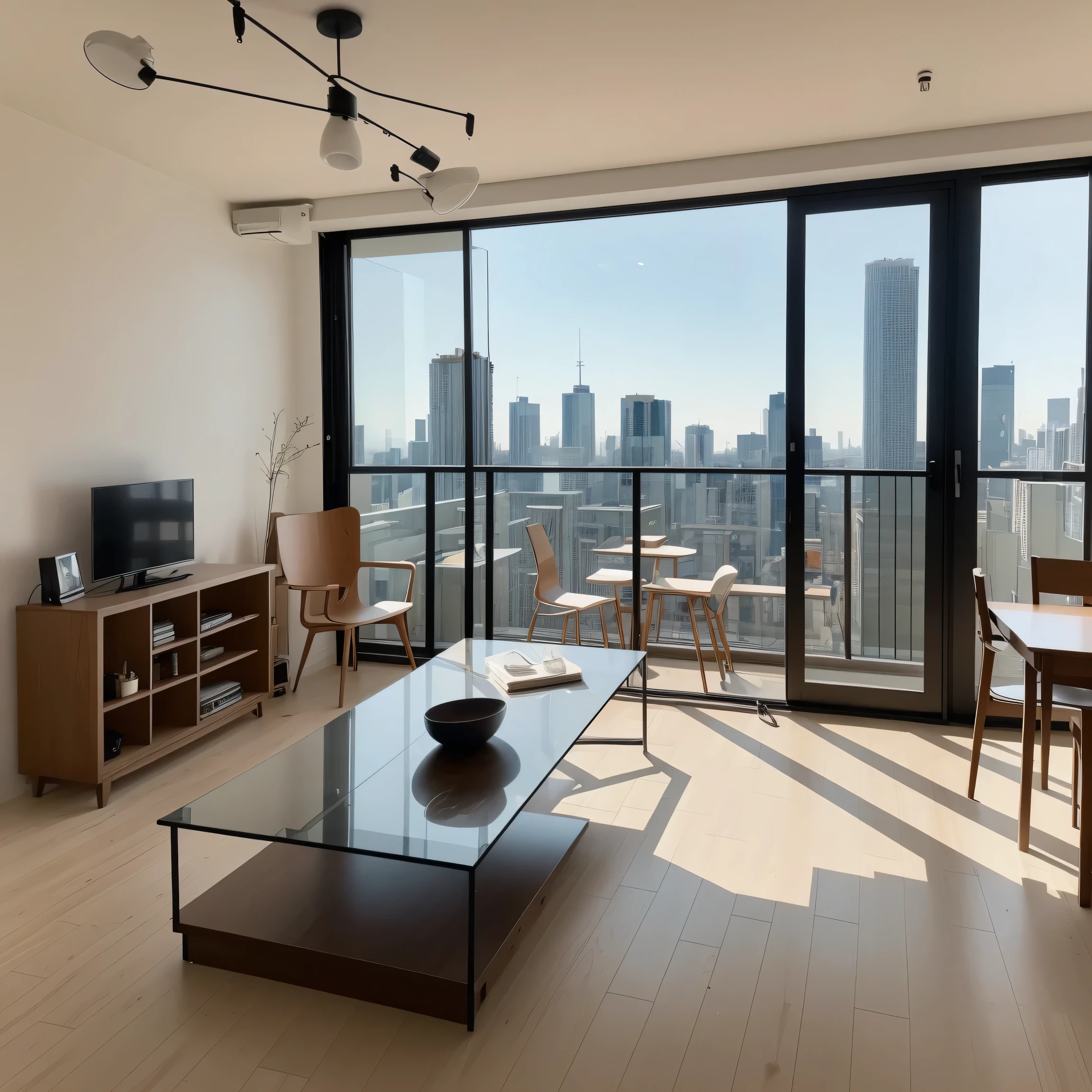 Image of the whole room、Wide-angle shot、A broad perspective、wide、living、table、Natural interior、City、Tower apartment、interior、Stylish、Stand lamp、Asahi、Realistic、masterpiece、beautiful、8k、highest quality、Attention to detail、8k、Sharpness