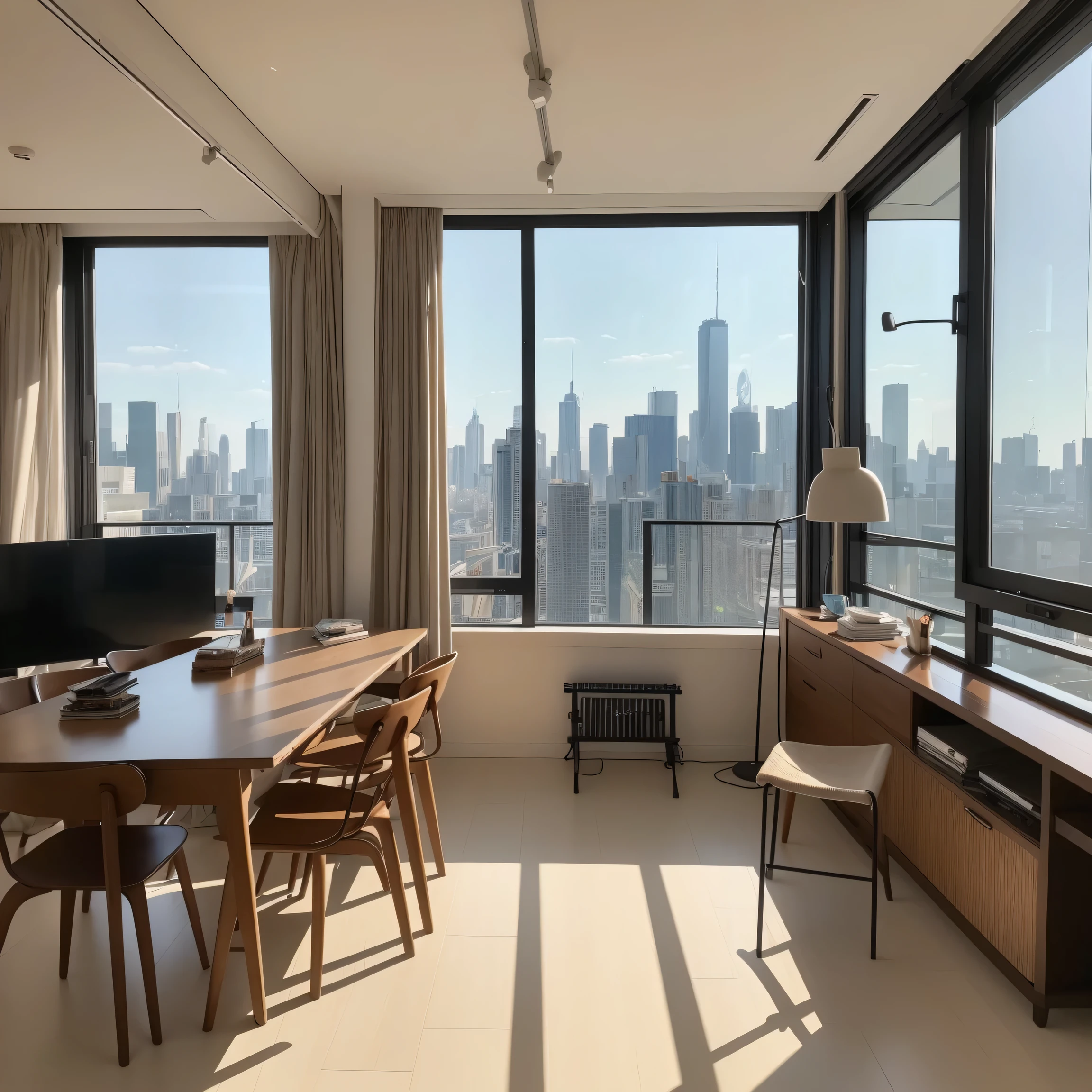 Image of the whole room、Wide-angle shot、A broad perspective、wide、living、table、Natural interior、City、Tower apartment、interior、Stylish、Stand lamp、Asahi、Realistic、masterpiece、beautiful、8k、highest quality、Attention to detail、8k、Sharpness