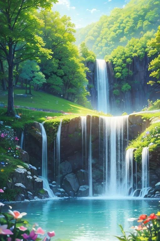 baptism,Baptism,Garden of Eden,Colorful,Dreamy landscape, cloud, light piercing through the cloud, Reflection on the surface of the water, Gentle waterfall,flower々, flower ,Quiet atmosphere, Richness in details, Surreal beauty, Magical Aura, Fantasy Landscape, High quality digital art, Vibrant colors, Fantastic lighting, Enchanting atmosphere, Artistic Expression, Otherworldly feeling, Beautiful brushwork, Magnificent View, Peaceful tranquility, Immersive Experience, Breathtaking views, Picturesque views, Mysterious charm, Mysterious atmosphere, Nuances, A magical dream. There are no people, Nobody is here