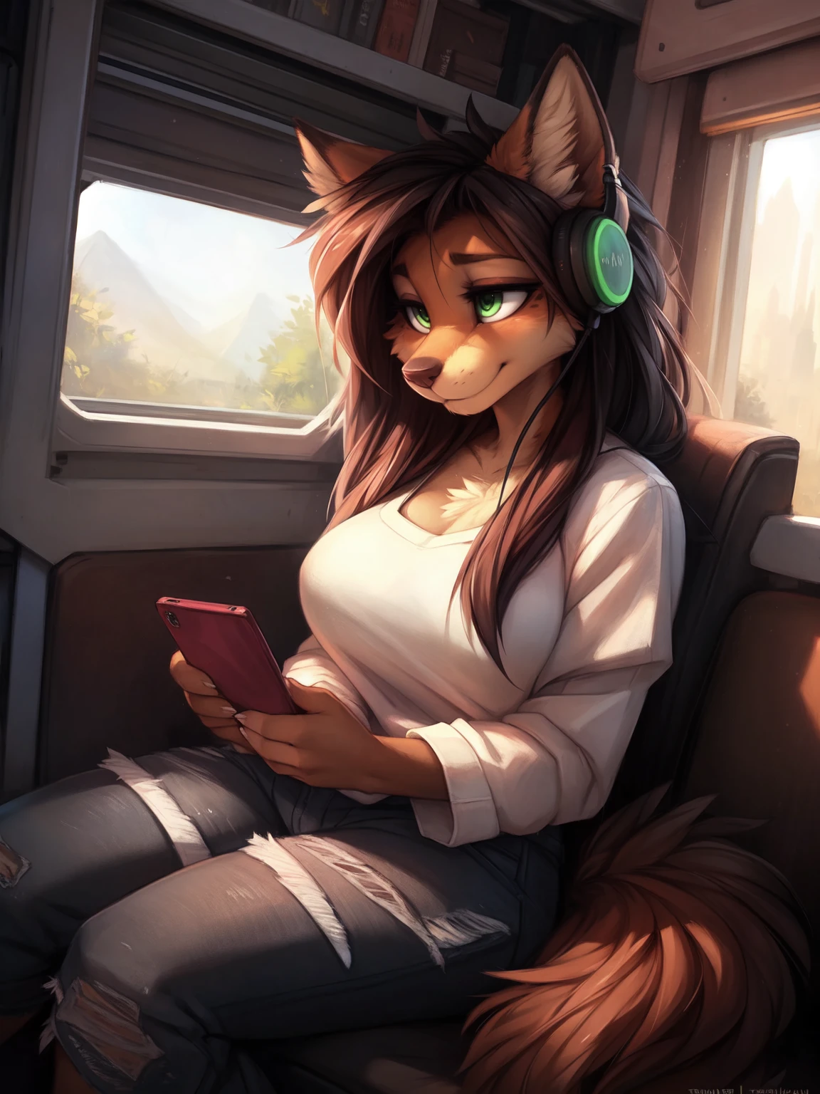 by kenket, Ross Tran, ruan jia, zaush, foxovh, by Zackary911, by hyattlen, by teranen, by fumiko, by Pixelsketcher, by Bayard Wu, by Thomas Benjamin Kennington, by Einshelm, by Kilinah, by Coffeesoda, by Hioshiru, by fluff-kevlar, bye r-mk, by Dimwitdog, Furry, Anthro, long hair, (long hair), cinematic lighting, ((fluffy tail)), sleepy, wide hips, eyeshadow, eyeliner, (green eyes), (long eyelashes), big breasts, headphones around neck, holding smartphone in one hand, (looking down at smartphone), texting, tomboy, (voluptuous), sitting, inside bus, ripped jeans, (full body shot), sneakers,