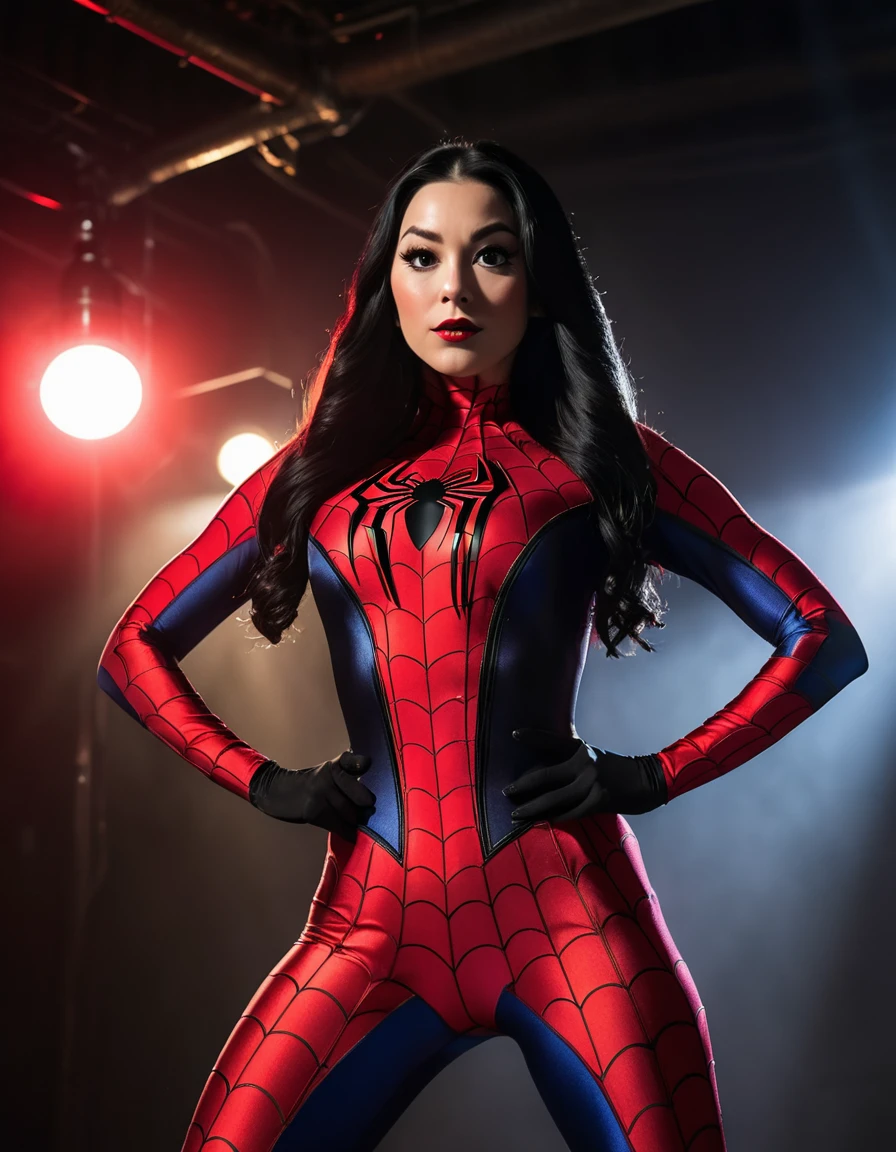 The image features a woman with long black hair, dressed in a tight red and black Spiderman costume. She has a bold and confident posture, standing in a spotlight with her hands on her hips.