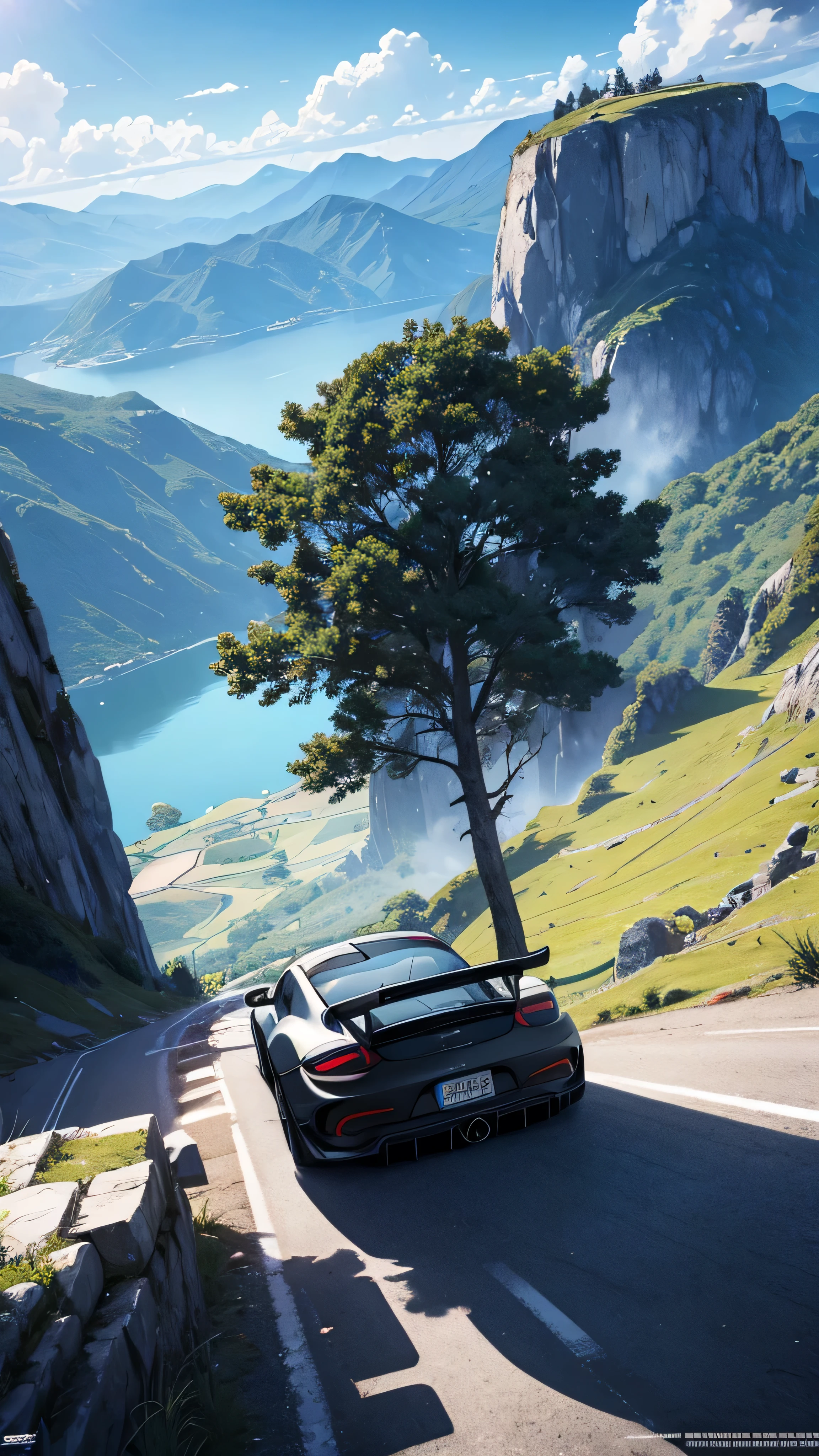 official art, unified 8k wallpaper, super detailed,  masterpiece, Best image quality，super wide angle，day , black porche gt3 rs ，Standing on edge of the mountain, beautiful blue sky, Dynamic angle, grace, bright colors,