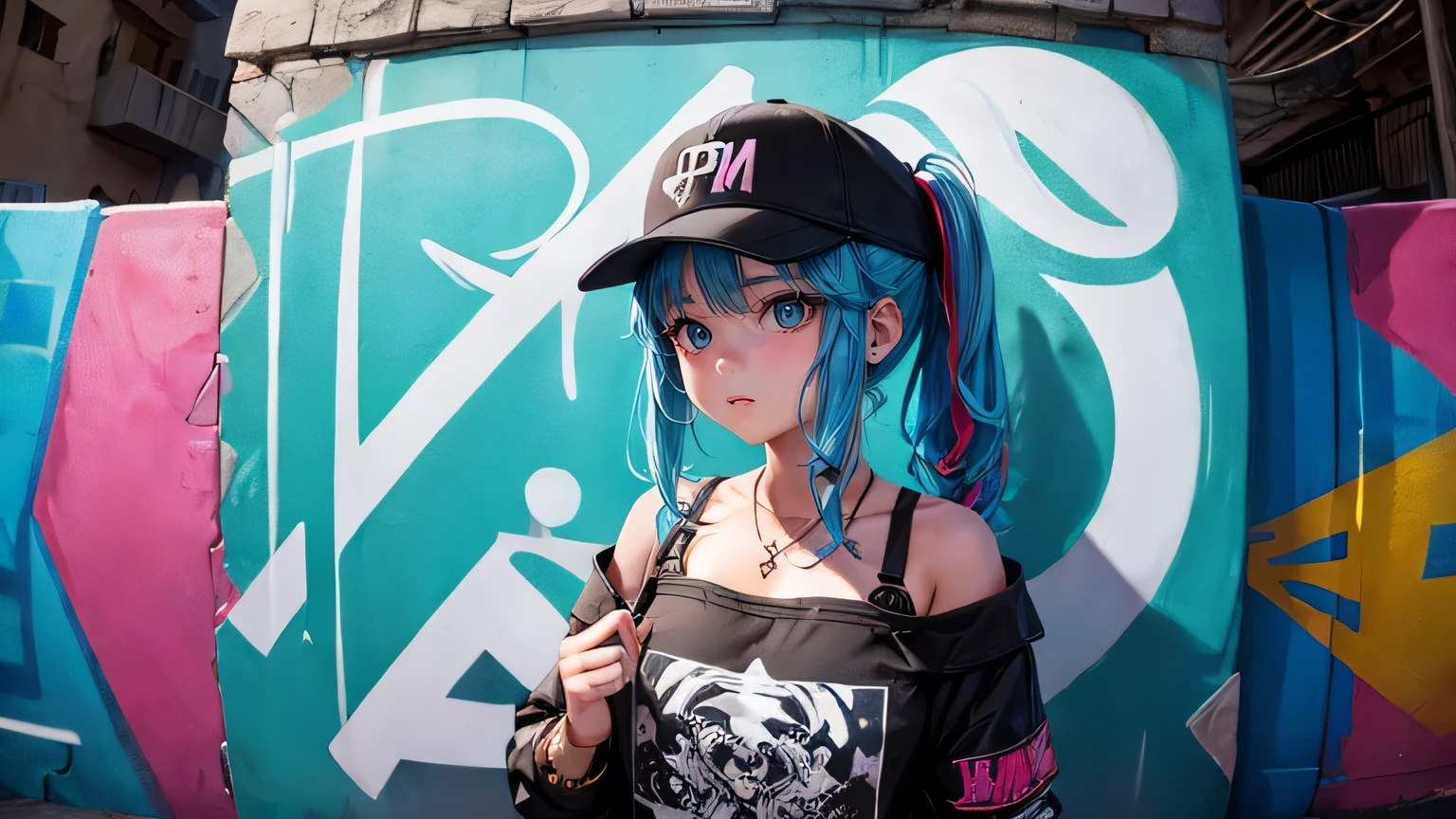 A girl in the back alley、(Super detailed)、(8k)、((Hip Hop Fashion))、(Graffiti wall)、(Esbian all over)、(Super detailedな顔)、(Cool face)、