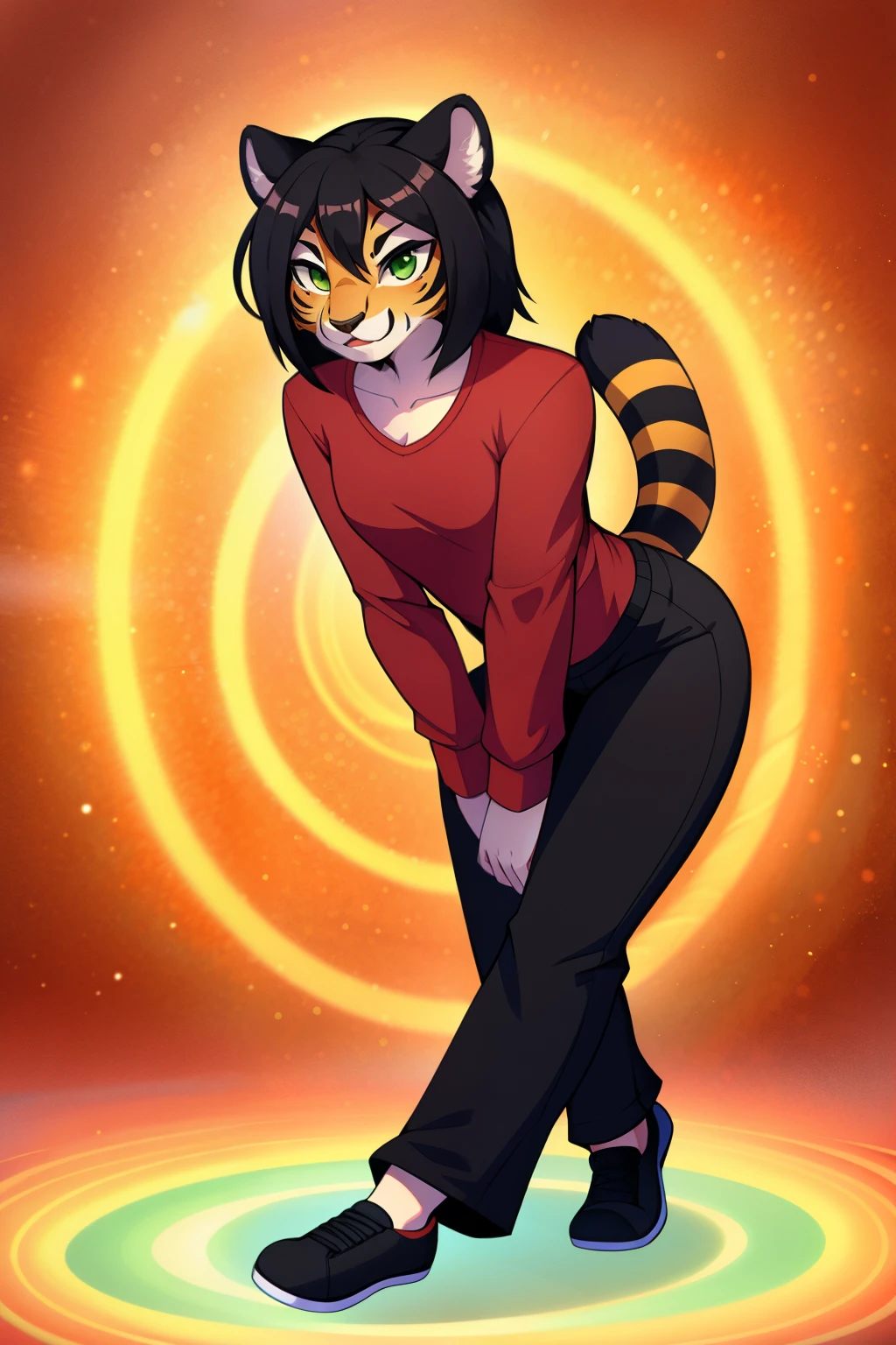 1 girl, solo, hypnotized, tigress anthro, black hair, green eyes, red shirt, black pants,