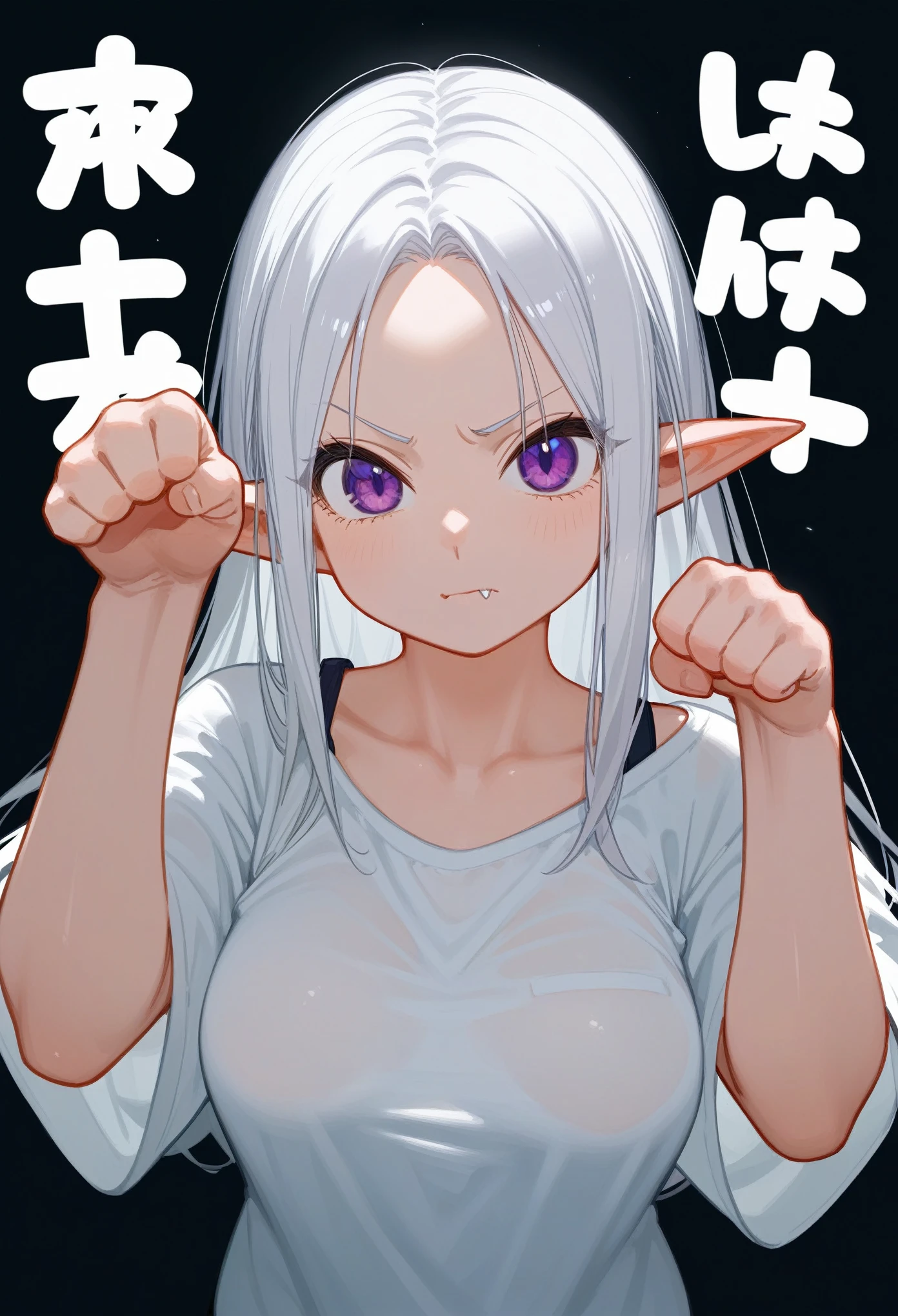 Best quality, score_9, score_8_up, score_7_up, 1girl, purple eyes, white hair, long hair, parted bangs, pointy ears, paw pose, hands at shoulder height, clenched fists, white oversize shirt, off shoulder, short sleeves, saggy shirt, closed mouth, innexpressive, fang, medium breasts, woman, looking at viewer, upper body, black background, upper body, from above, zoom out, 