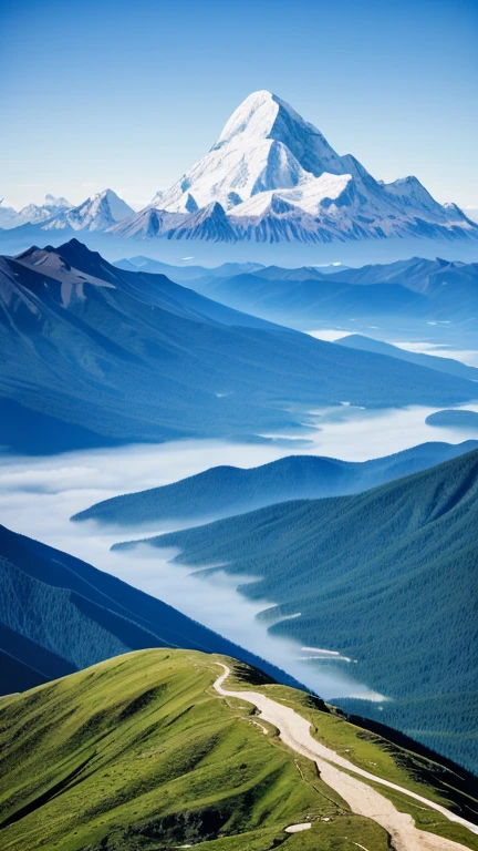 A realistic painting, a mountain photographed with a camera, mountains, mountain ranges, high mountains, summits, views from the top of the mountain, sky, spectacular views, summer, daytime