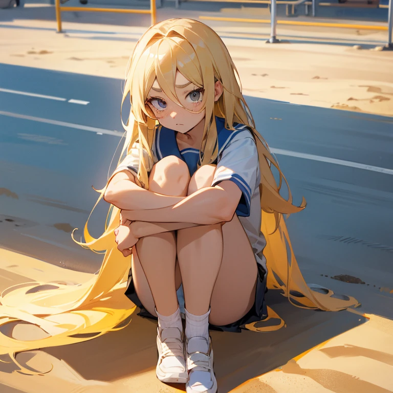 blonde、Long Hair、double eyelid、Gymnastics、Bored face、high school girl、Bad boy、freckles、Sit on the ground、Sand