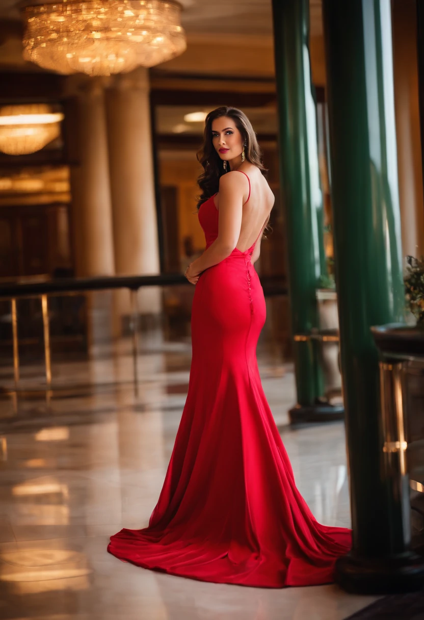 busty 25 year old brunette, long hair, wearing elegant gown in hotel lobby