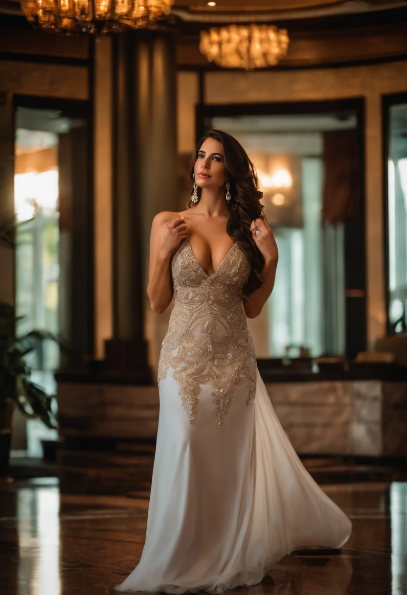 busty 25 year old brunette, long hair, wearing elegant gown in hotel lobby