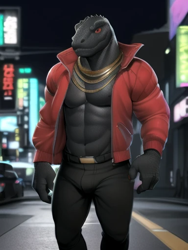 (by tojo the thief, by darkgem, by narse), thunder (fortnite), male, solo, black body, scales, komodo dragon, lizard, (tail), detailed bulge, topwear, monitor lizard, anthro, red jacket, shirtless, pants, gold chain, tokyo, street, neon lights
