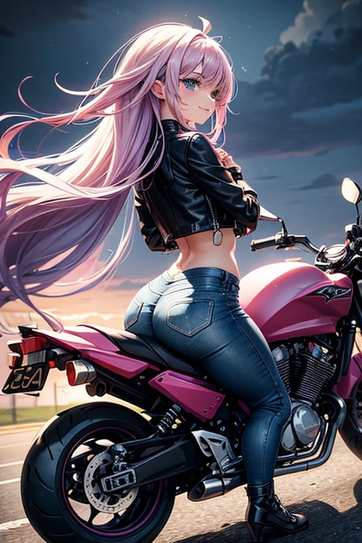 Draw Camila, an anime-style female character.  long lilac hair reaching her waist with baby bangs, blue eyes, lilac eyebrows, smile on her face.  small breasts, thin waist, very large and perky ass, thick shapely thighs.  She is wearing short, tight jeans and shorts and a short black leather jacket.  riding a powerful motorcycle on the road at high speed with the body leaning over the motorcycle.  pink helmet.  view from behind.  rainy night.  She is mounted on the motorcycle riding at high speed.  hands holding the handles of the motorcycle and body leaning forward, looking straight ahead.  tunic perspective of the road.  view of the back showing the ass mounted on the bike.