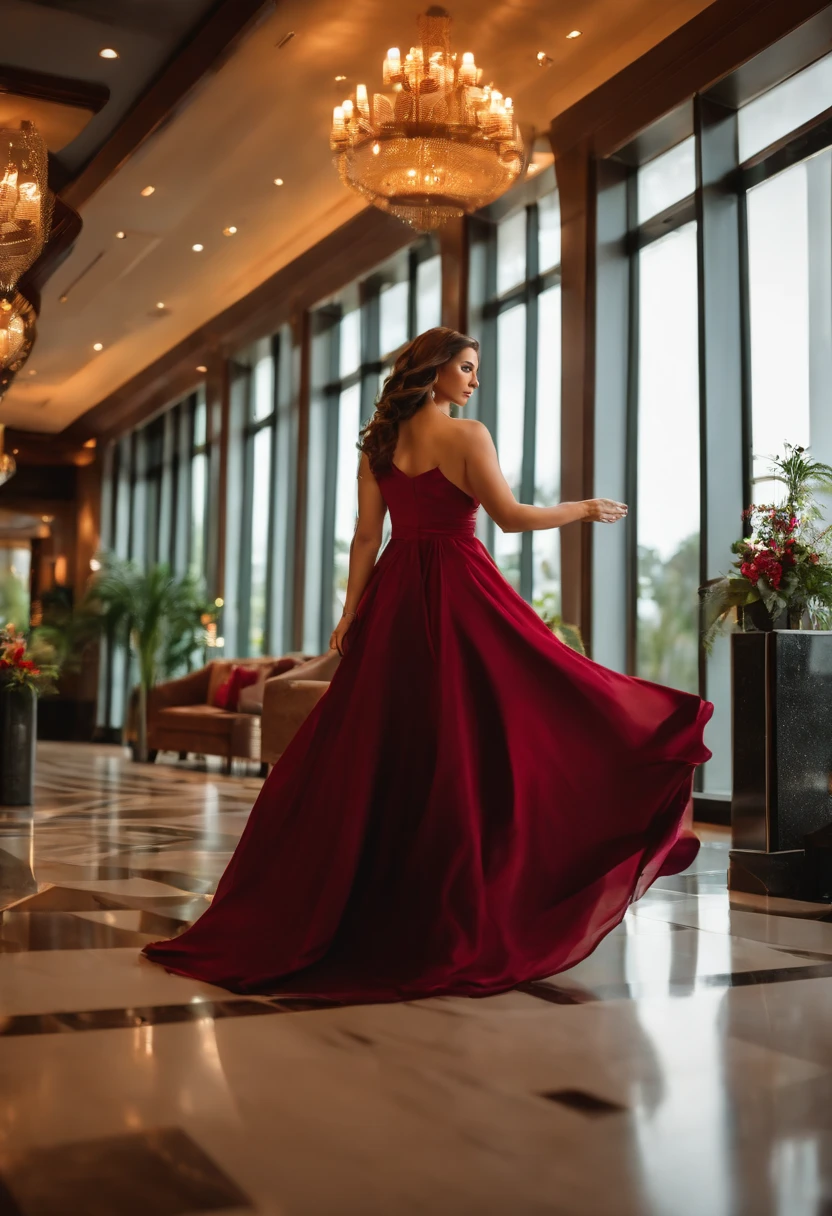 busty 25 year old brunette, long hair, high heels, wearing elegant gown in hotel lobby
